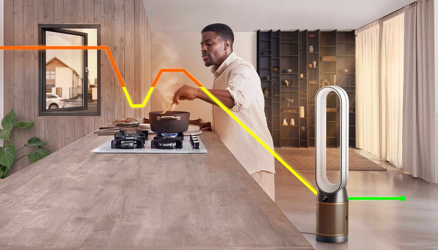 A man cooks a meal on a stovetop with a Dyson air purifier in the background, a graphic shows the level of air pollution from the cooking being reduced by the purifier.