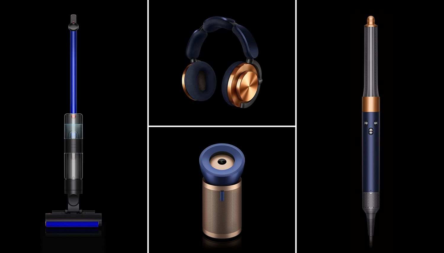 Grid-style image showing Dyson WashG1 wet floor cleaner, Dyson OnTrac headphones, Dyson Purifier Big+Quiet Formaldehyde BP04 and Dyson Airwrap multi-styler and dryer