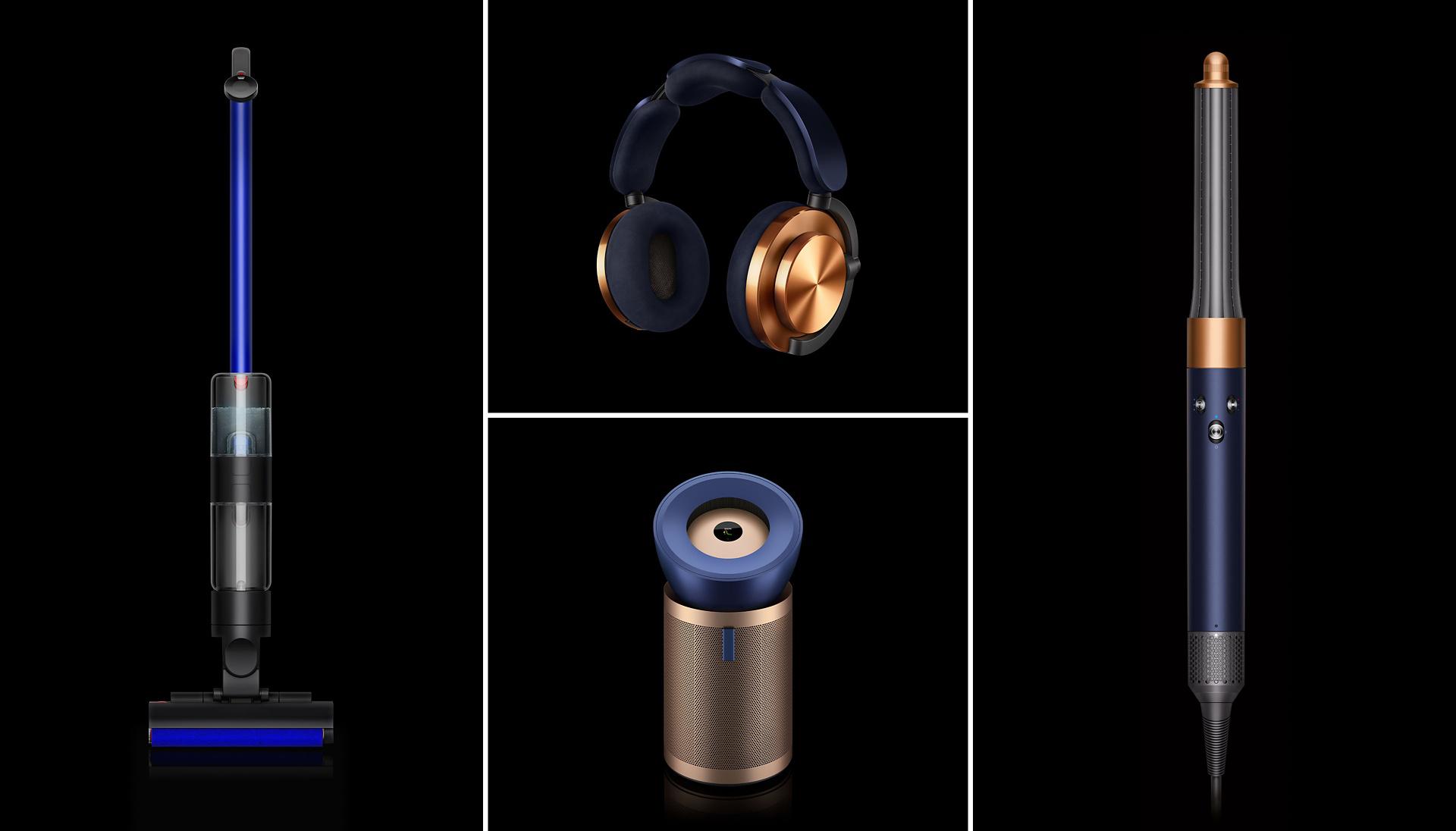 Kolaż zdjęć przedstawiający wysokoobrotowy mop elektryczny Dyson WashG1, słuchawki Dyson OnTrac, oczyszczacz Dyson Purifier Big+Quiet Formaldehyde BP03 oraz multistyler i suszarkę Dyson Airwrap
