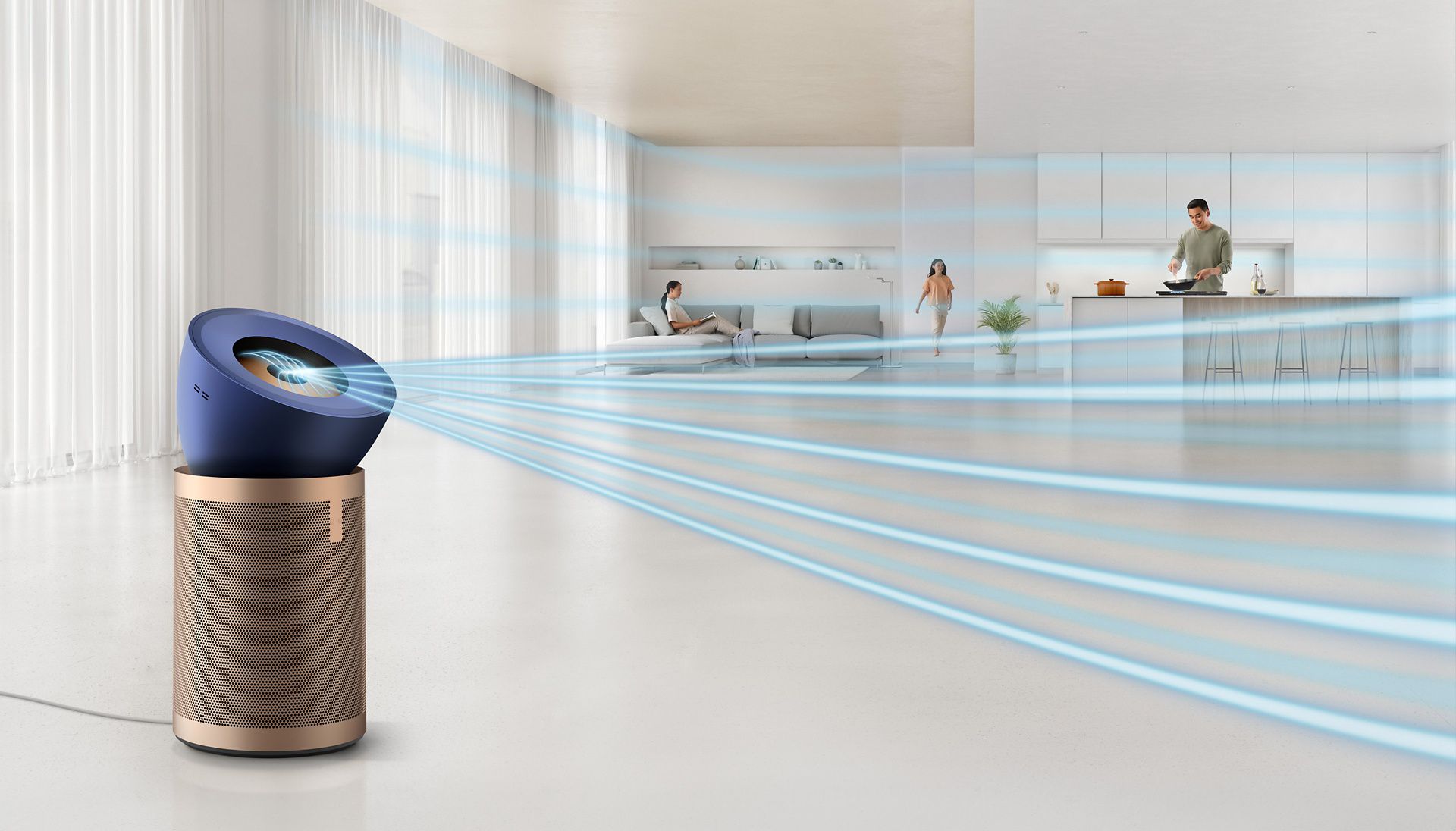 Dyson Purifier Big+Quiet Formaldehyde BP04 projecting purified air across large open plan kitchen living room