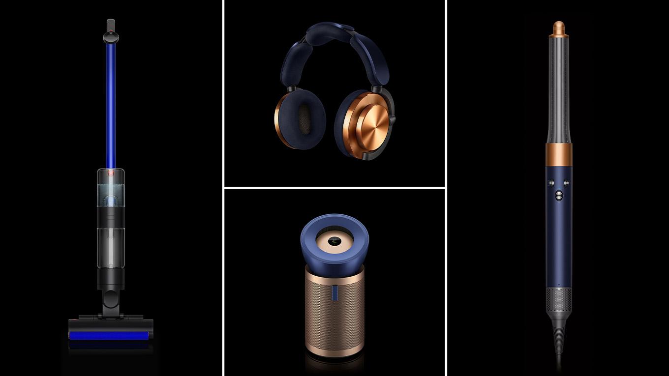 Image quadrillée montrant le Dyson WashG1, le casque Dyson OnTrac, le purificateur Dyson Big+Quiet Formaldehyde BP04 et le Dyson Airwrap.