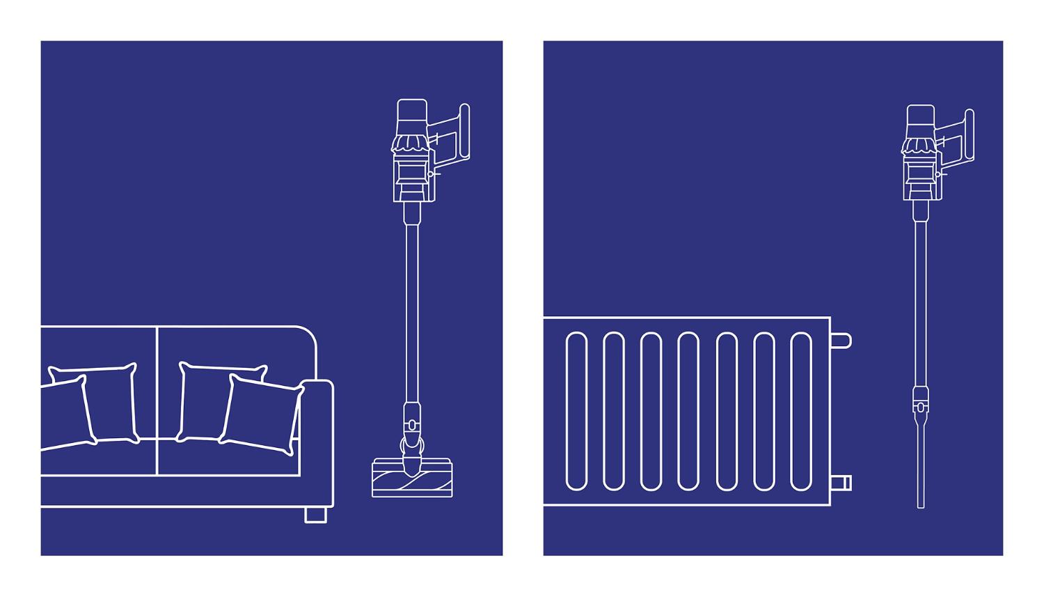 Side-by side line drawings showing Dyson vacuum on wall dok next to sofa and Dyson vacuum on wall dok next to radiator