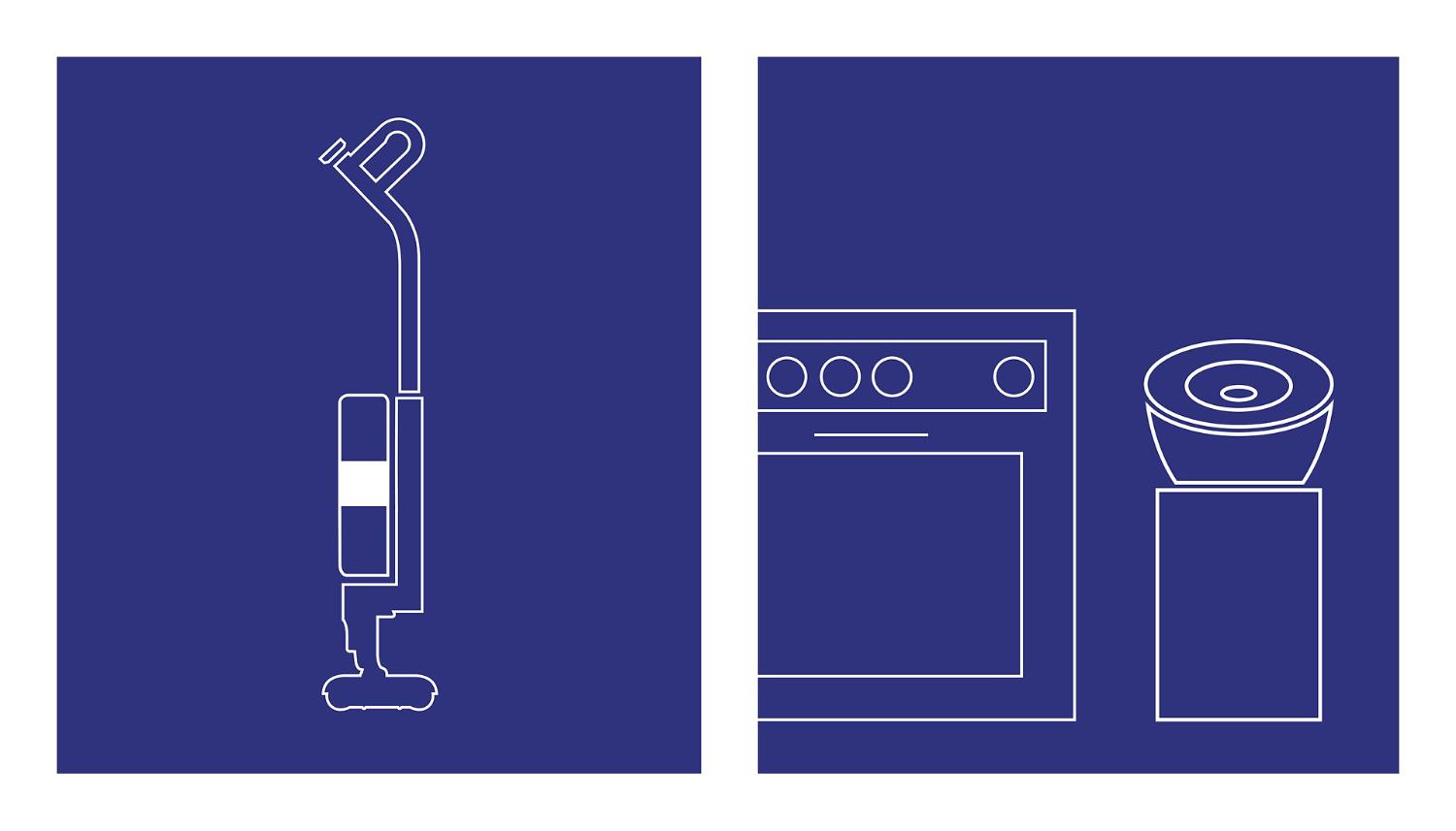 Side-by-side line drawings of Dyson WashG1 wet floor cleaner and Dyson Purifier Big+Quiet Formaldehyde BP03 next to oven