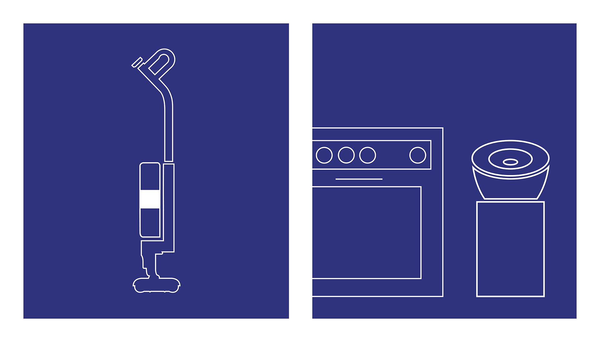 Rysunki obok siebie wysokoobrotowego mopa elektrycznego Dyson WashG1 i oczyszczacza Dyson Purifier Big+Quiet Formaldehyde BP03 obok piekarnika