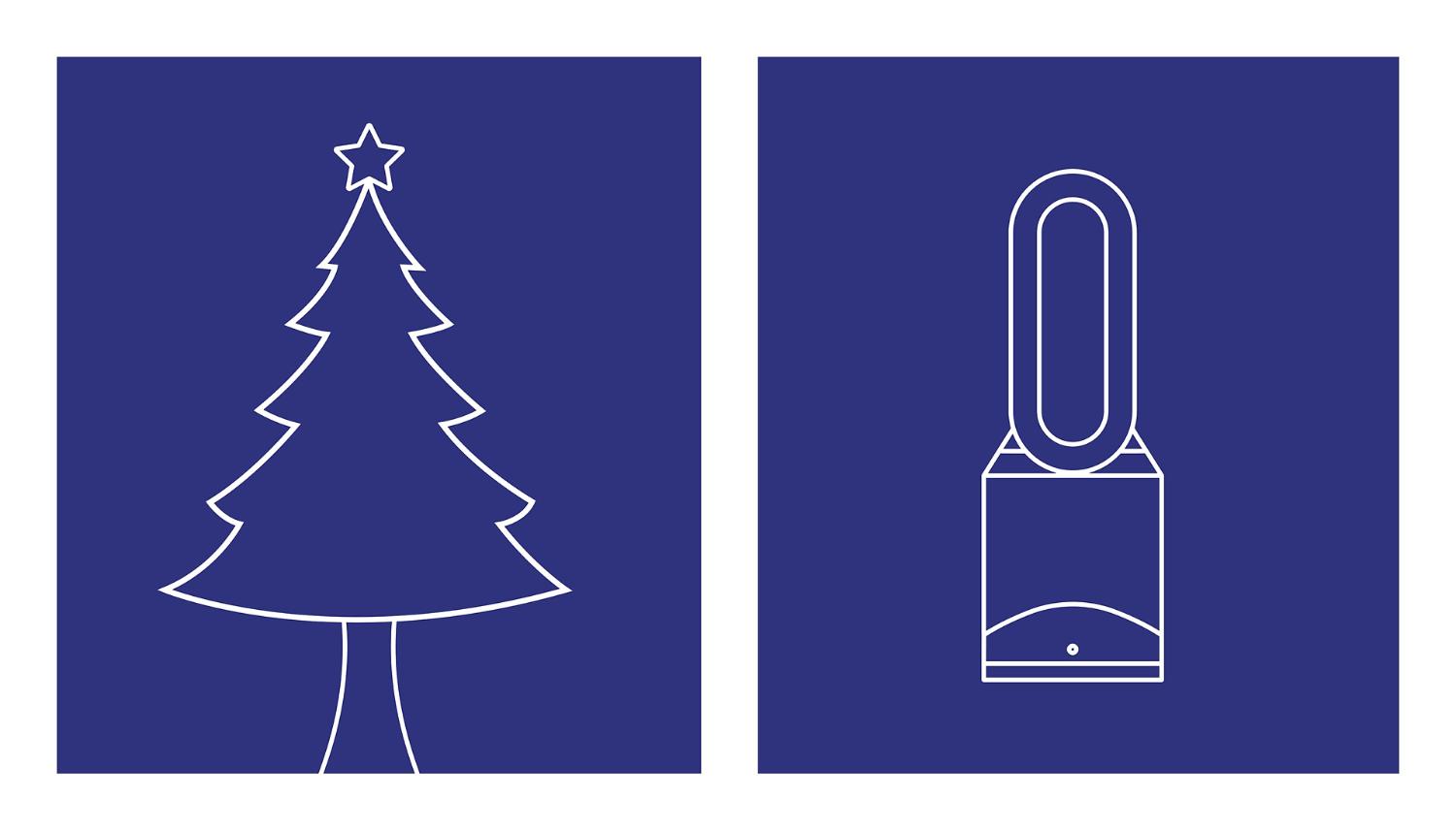 Side-by-side line drawings of Christmas tree and Dyson air purifier