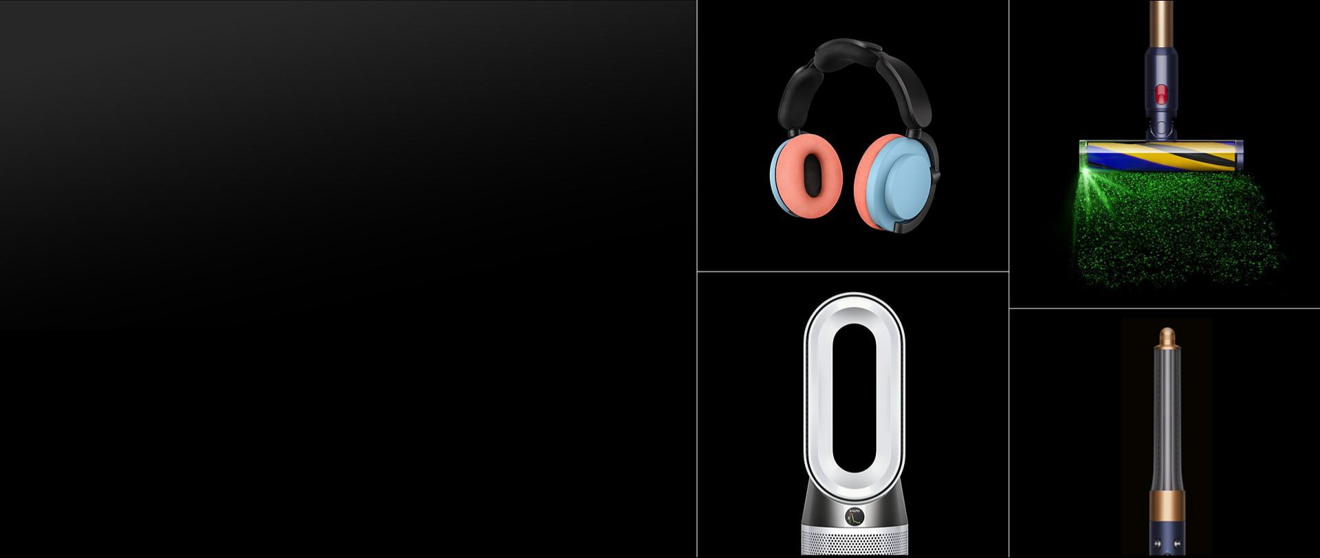 Urządzenia Dyson w kolażu, słuchawki Ontrac, elektroszczotka optic fluffy, oczyszczacz powietrza Dyson, multistyler i suszarka Dyson