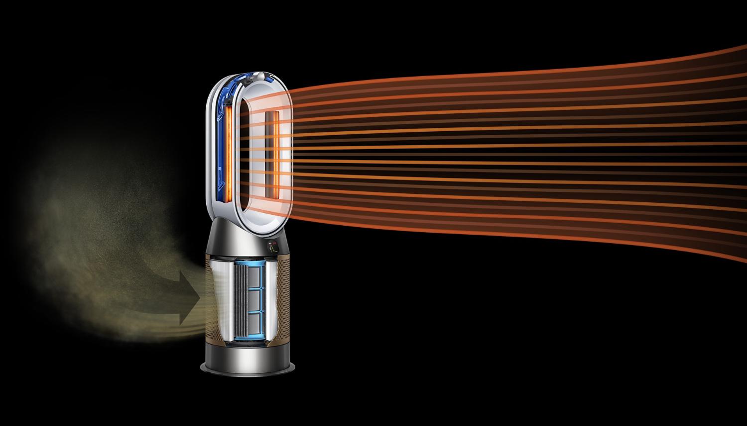 Dyson fan heater on black background, amplifying heated air and capturing pollutants