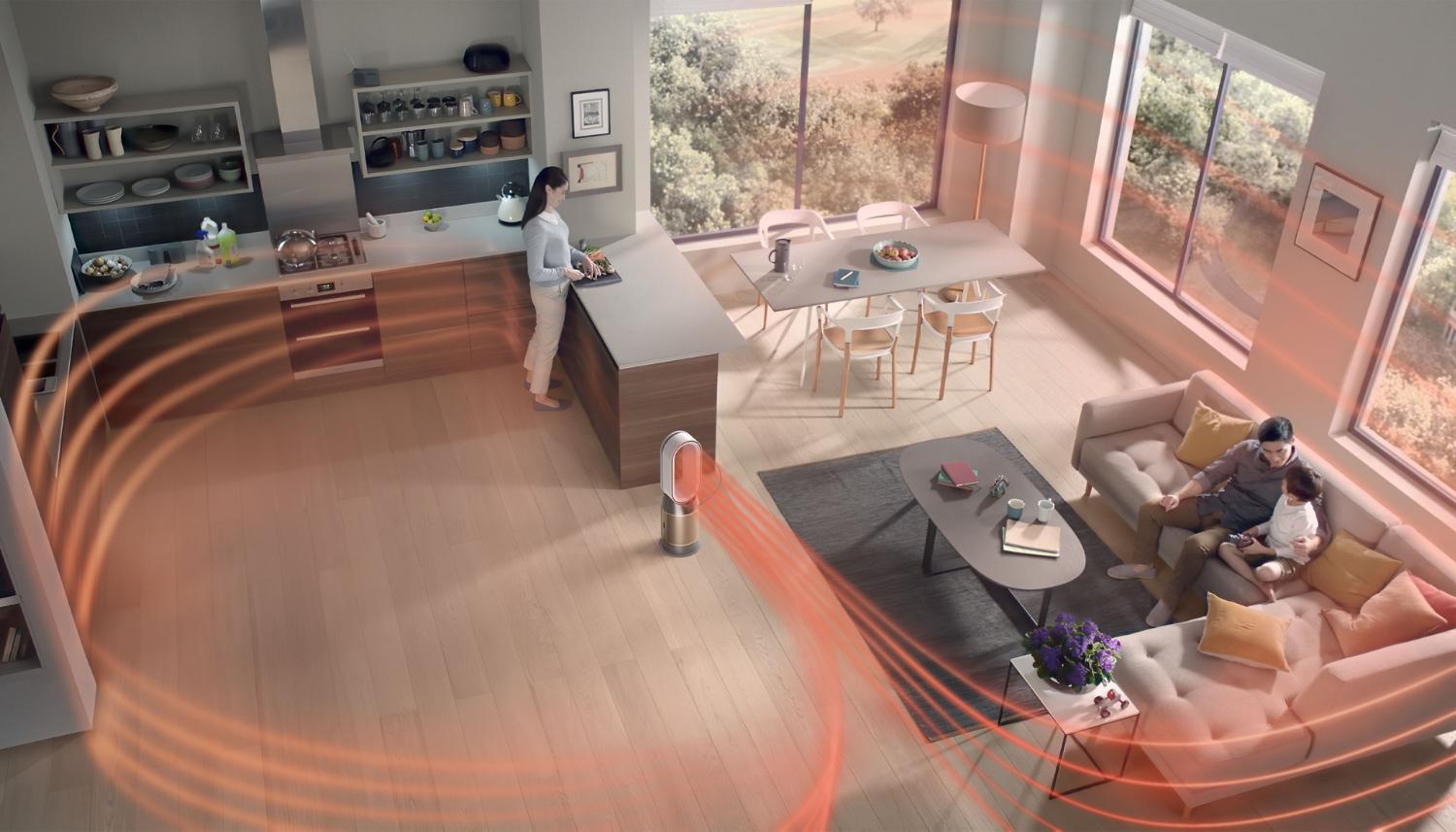 Dyson fan heater used in Diffused mode to project airflow over a wider angle, heating a whole kitchen living room quickly and evenly