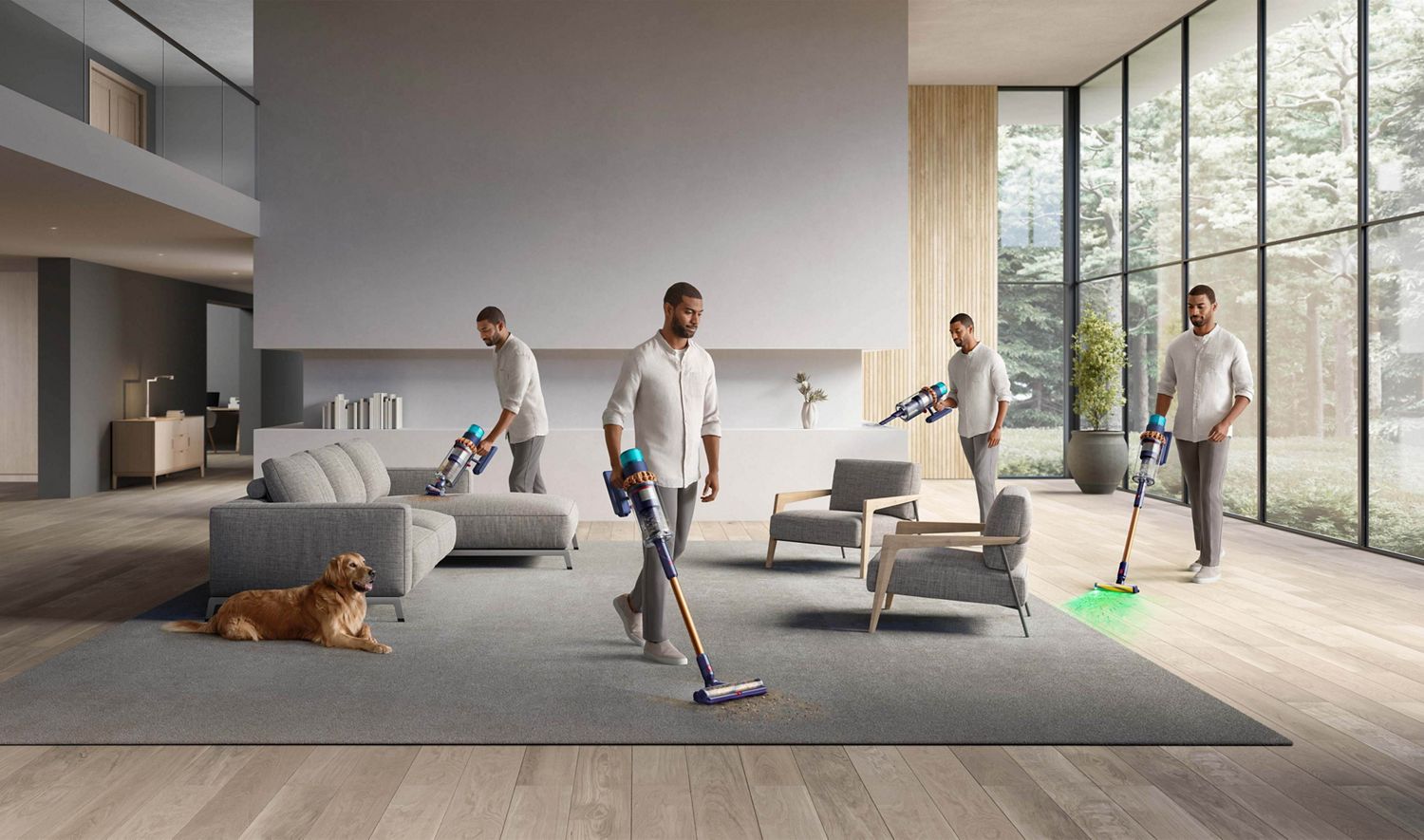 Dyson Gen5detect vacuum cleaner in different modes and with different attachments cleaning living room