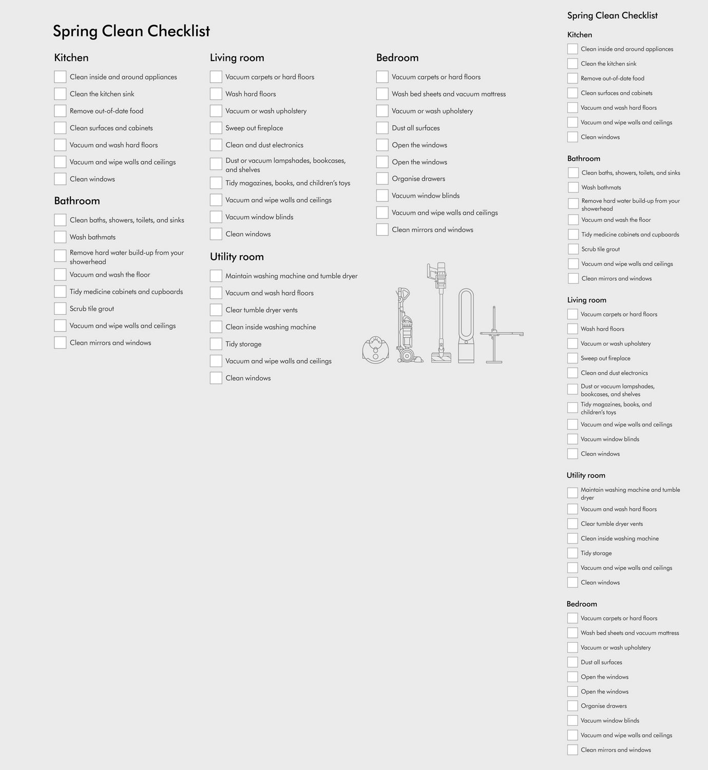 A grey spring cleaning checklist that details different errands you should do for a thorough clean.