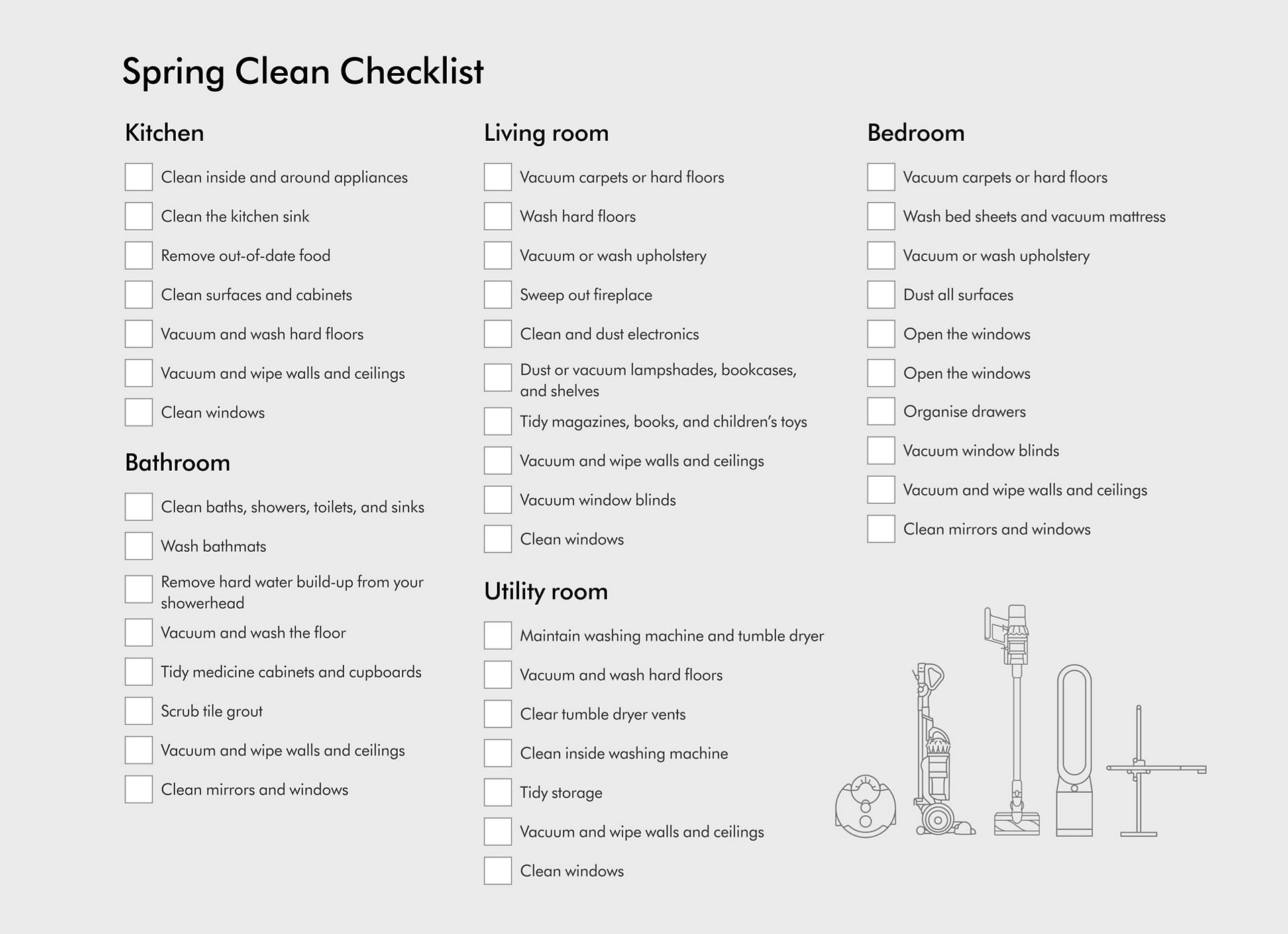 A grey spring cleaning checklist that details different errands you should do for a thorough clean.