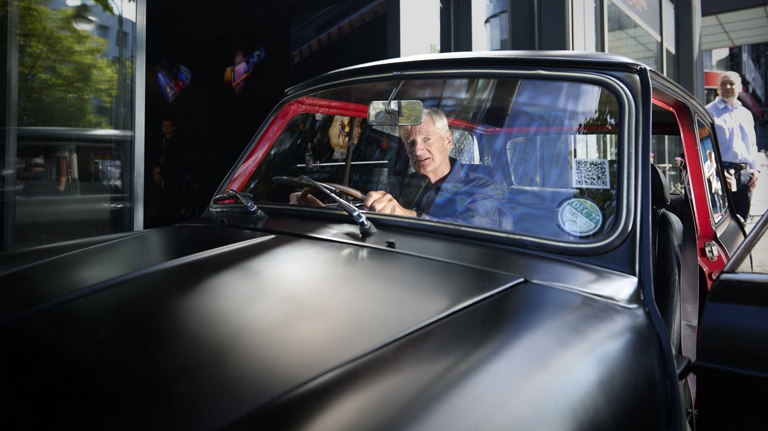 James Dyson in a vintage Mini