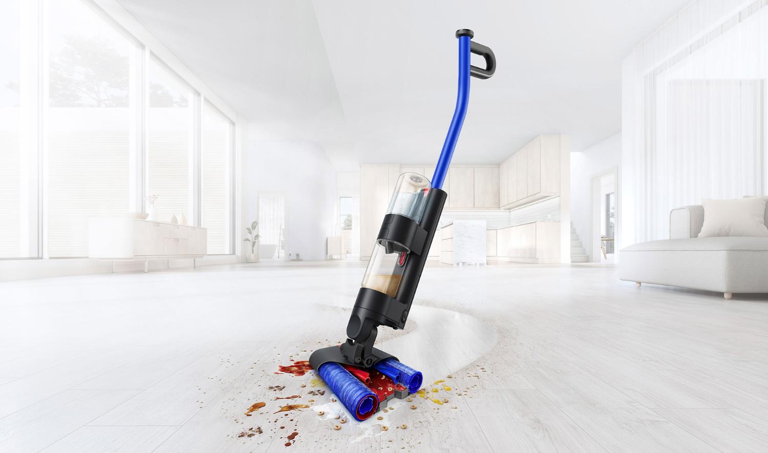 Dyson WashG1 in middle of living room picking up dry and wet dirt on hard floor