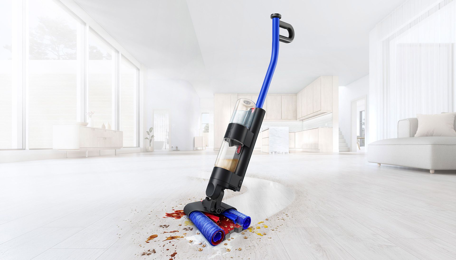 Wysokoobrotowy mop elektryczny Dyson WashG1 używany na podłogach twardych w salonie