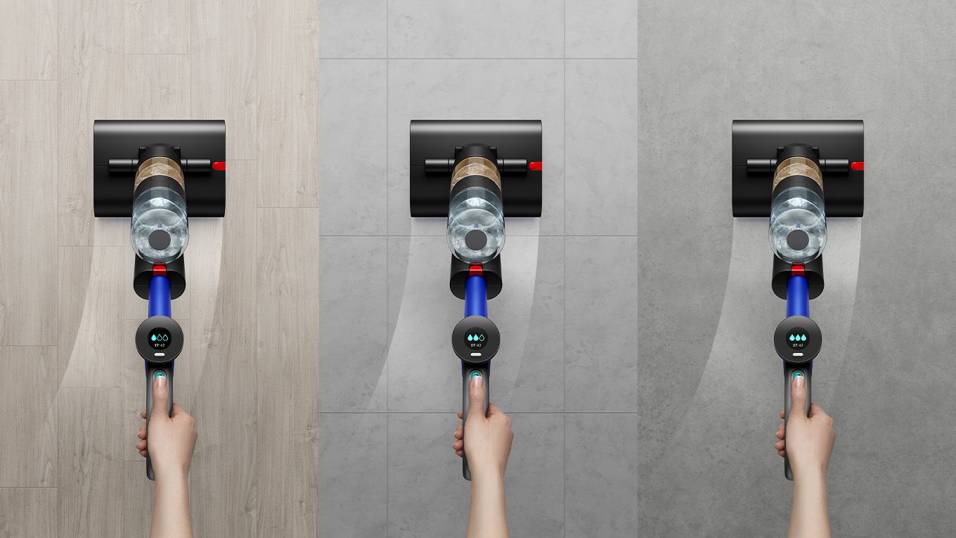 Three side-by-side shots of Dyson WashG1 cleaning different hard floor surfaces