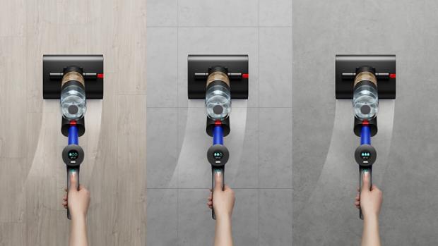 Trzy ujęcia wysokoobrotowego mopa elektrycznego Dyson WashG1™ podczas czyszczenia różnych rodzajów twardych podłóg