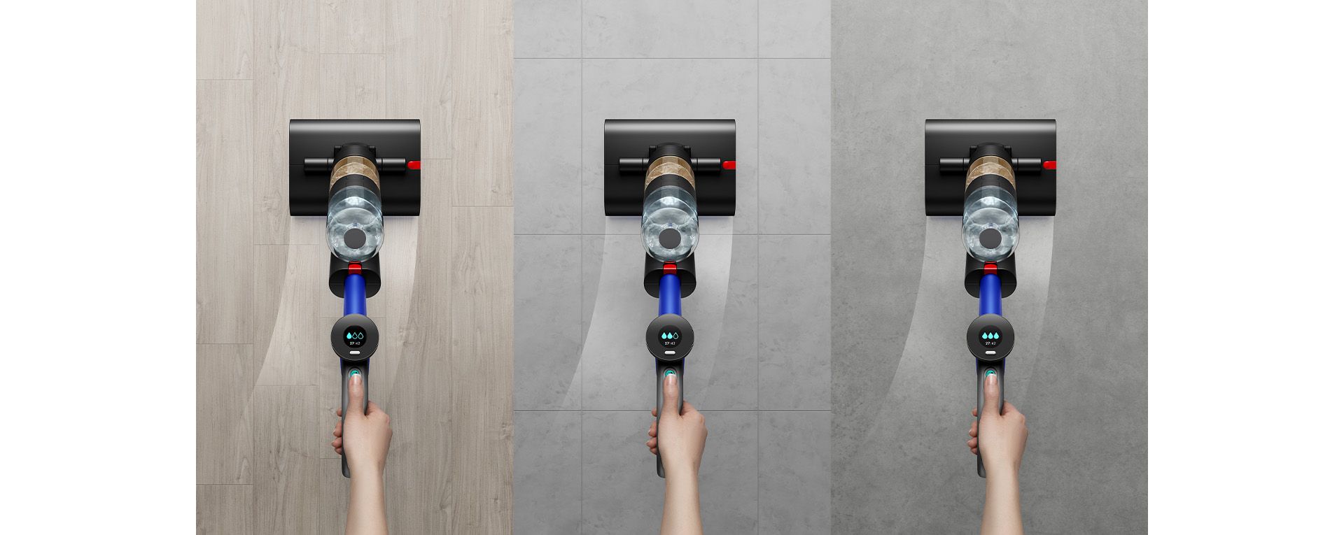 Trzy ujęcia wysokoobrotowego mopa elektrycznego Dyson WashG1™  podczas czyszczenia różnych rodzajów twardych podłóg