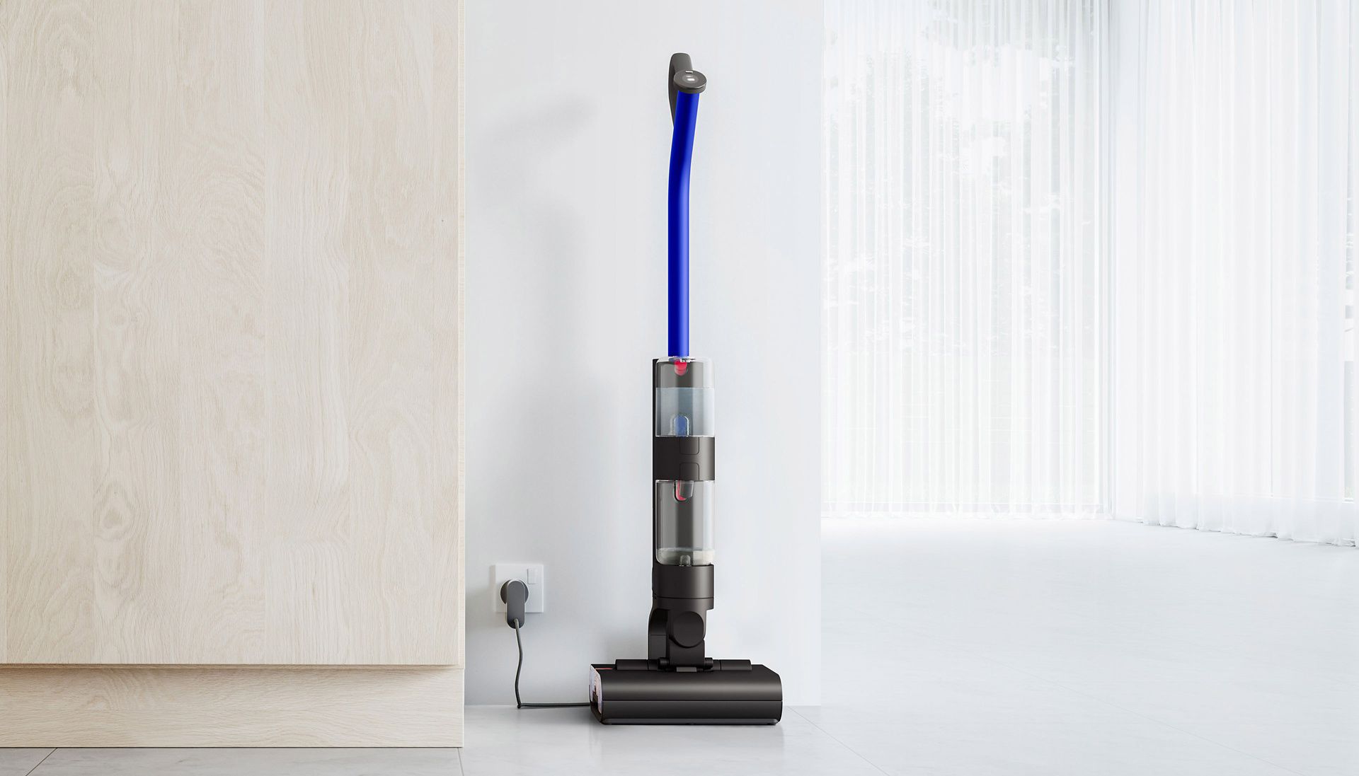 Wysokoobrotowy mop elektryczny Dyson WashG1™ podczas ładowania w stacji ładującej oraz w trakcie automatycznego cyklu samoczyszczenia