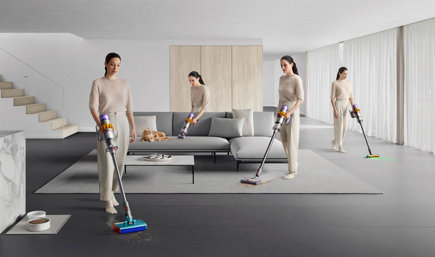 Dyson V15s Detect Submarine used by woman in living room to wash hard floors and vacuum