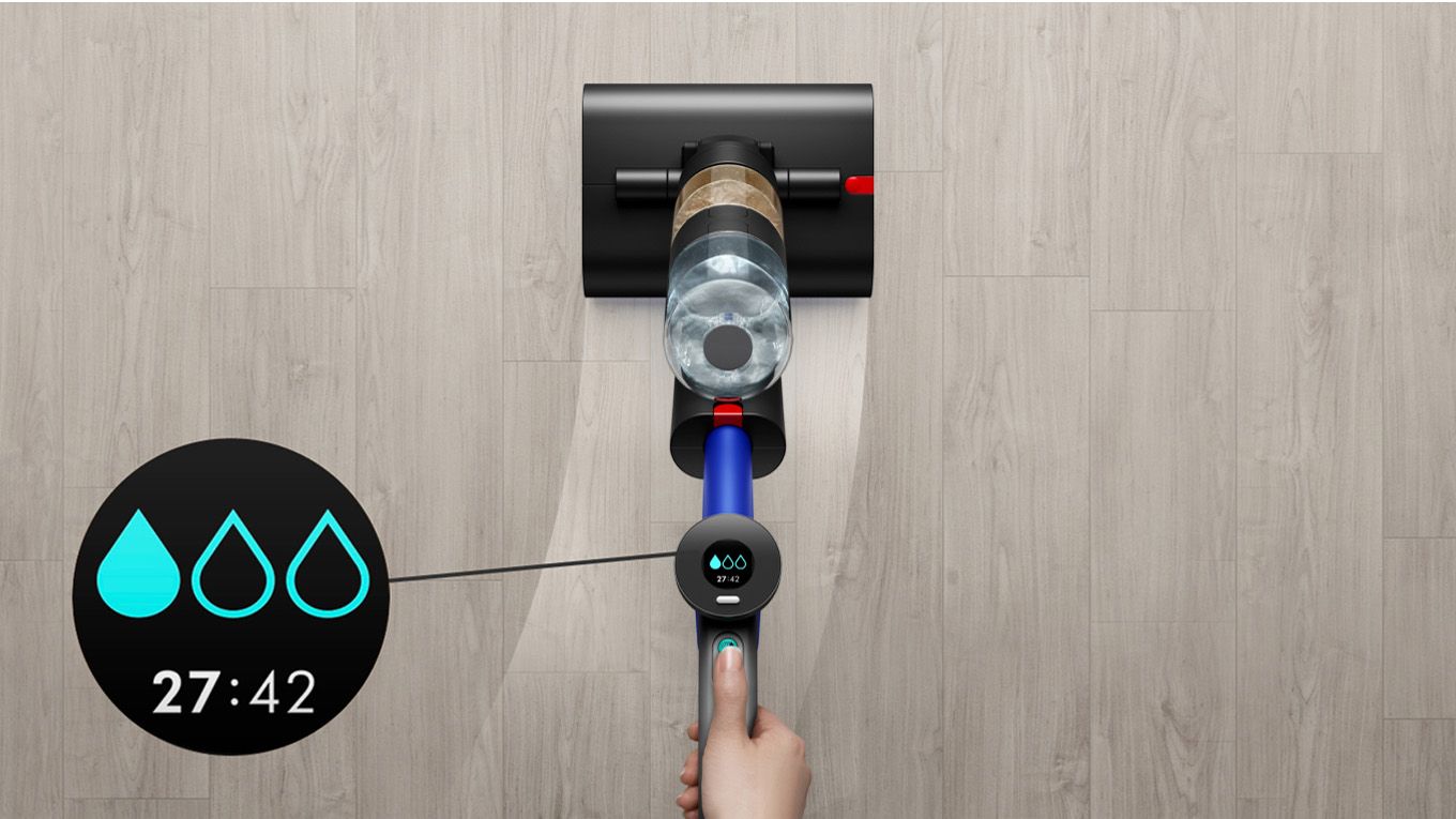 Dyson WashG1 cleaning hard floor and close-up of the digital display showing hydration modes