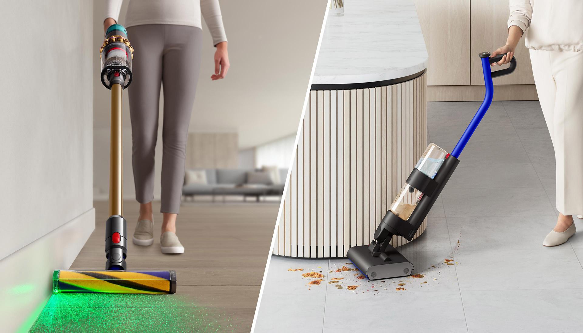 Dual image of Dyson Fluffy Optic cleaner head on Dyson V15s Detect Submarine and Dyson WashG1 cleaning spills on kitchen floor