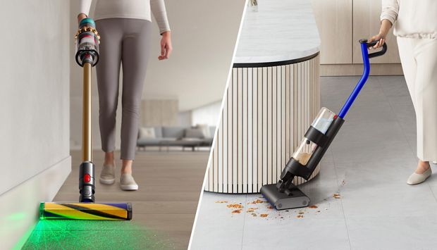 Kolaż przedstawiający kobietę sprzątającą podłogę wysokoobrotowym mopem elektrycznym WashG1 oraz odkurzaczem bezprzewodowym Dyson V15s Submarine z funkcją aktywnego mycia
