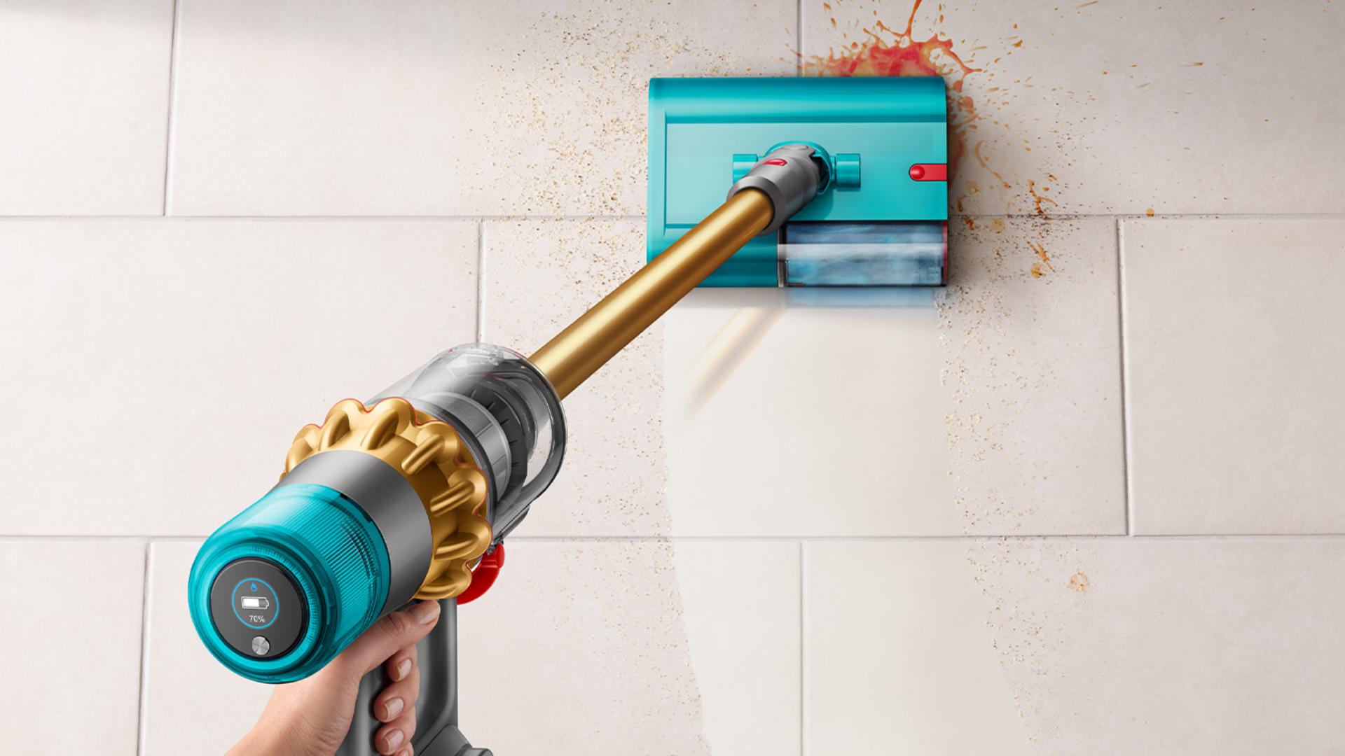 Dyson V15s Detect Submarine used to clean spill on kitchen tiled floor