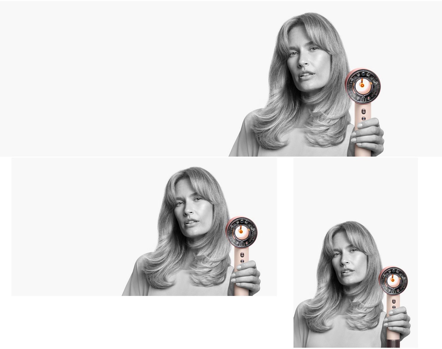 Un sèche-cheveux Dyson Supersonic r est utilisé par un modèle pour sécher ses longs cheveux bruns.