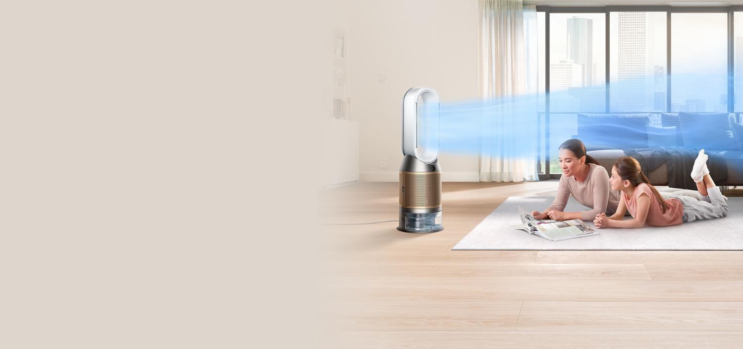 Dyson Purfier Humidify+Cool Luftbefeuchter verteilt gereinigte Luft in einem Schlafzimmer