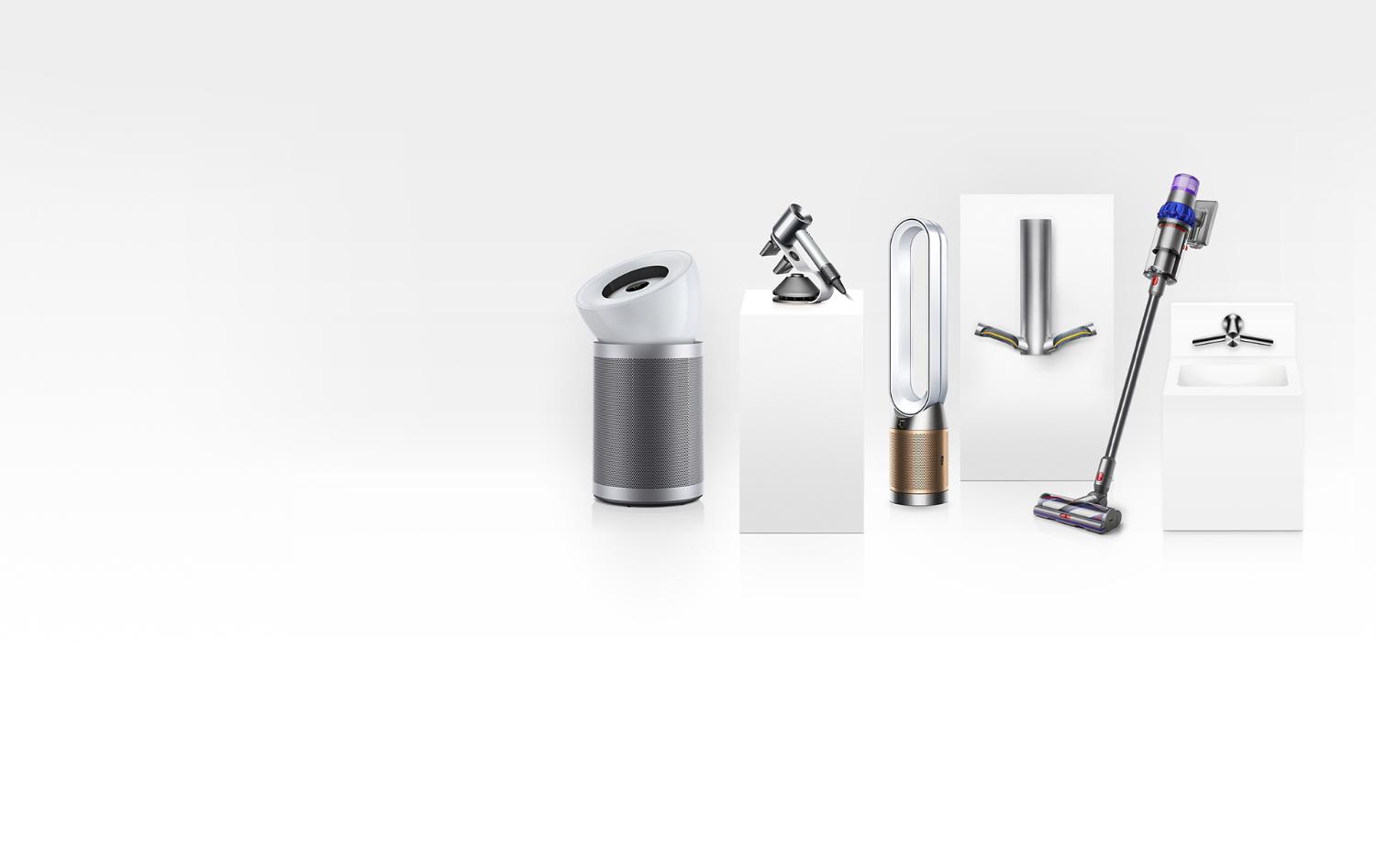 Secador de pelo Dyson Supersonic, secador de manos Dyson Airblade 9KJ, ventilador Dyson Pure Cool, Dyson Wash+Dry empotrado en entorno comercial