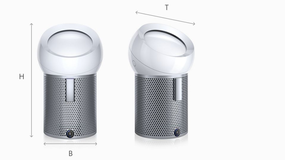 Dyson Pure Cool Me in Seiten- und Vorderansicht