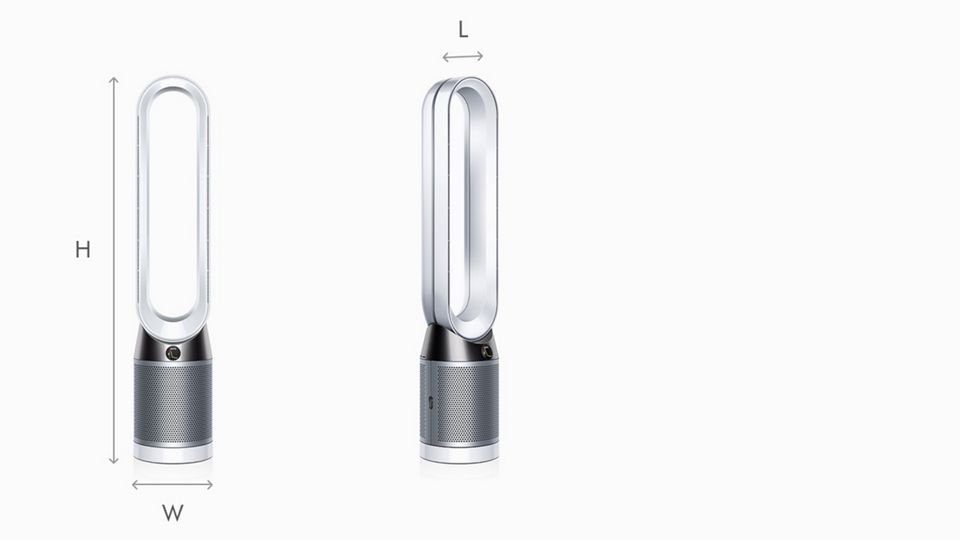Dyson Pure Cool Tower set fra siden og forfra