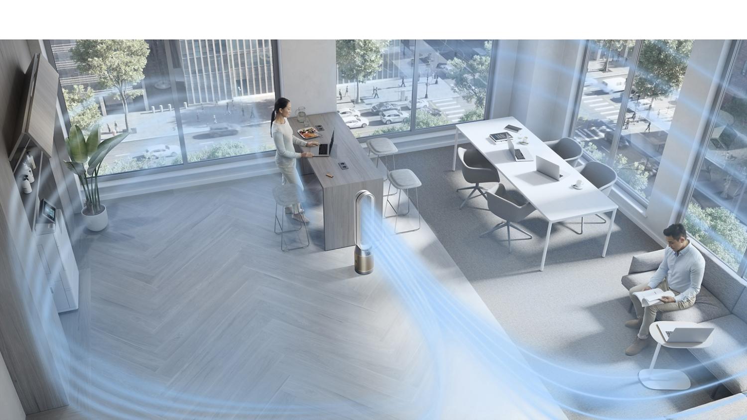 Dyson HEPA Cool Formaldehyde tower fan projecting purified air around an open-plan office