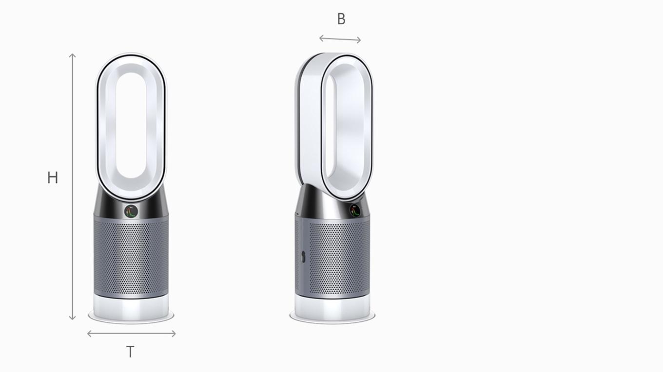 Dyson Pure Hot+Cool in Seiten- und Vorderansicht