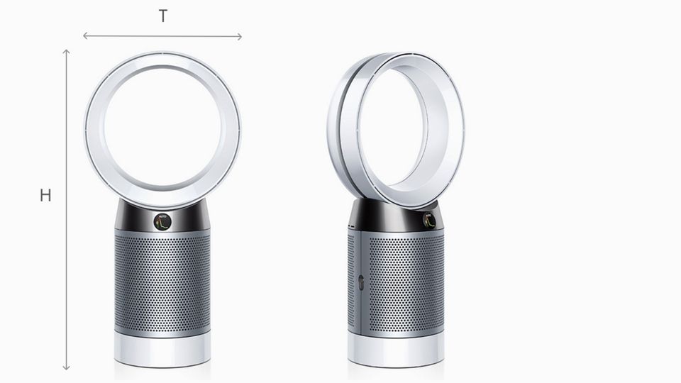 Dyson Pure Cool Tischventilator in Seiten- und Vorderansicht