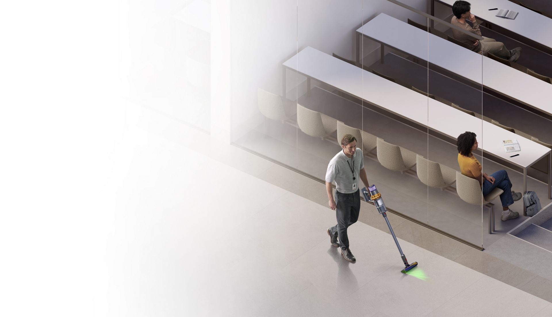 Aspirapolvere Dyson V15 Detect utilizzato per pulire il pavimento di una classe