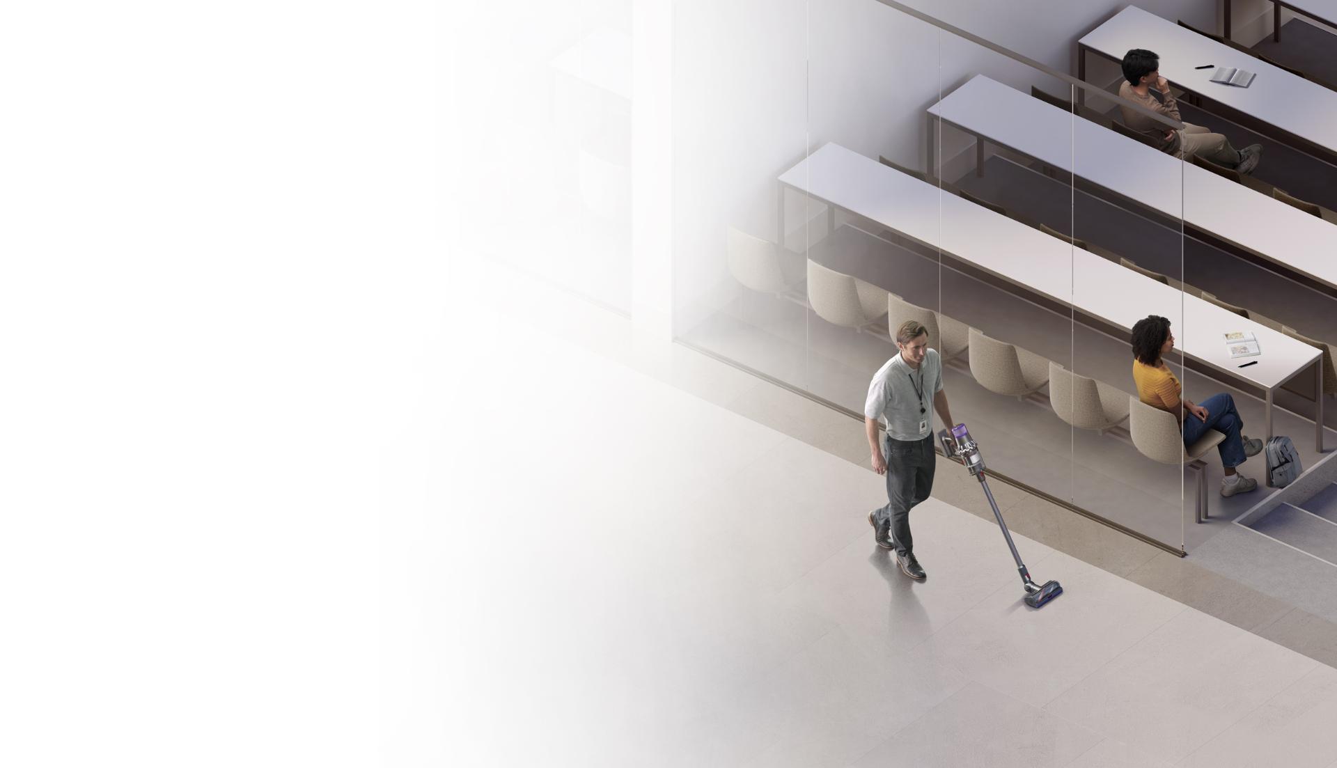 Man cleaning floor with Dyson V15 Detect vacuum