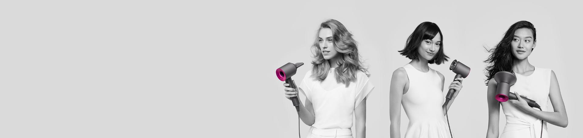 Three women using the Dyson Supersonic on different hair types