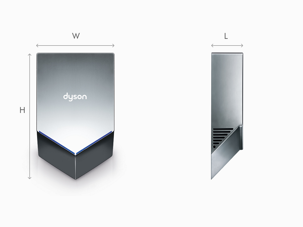 Illustrazione delle dimensioni dell'asciugamani Dyson Aiblade V nichel