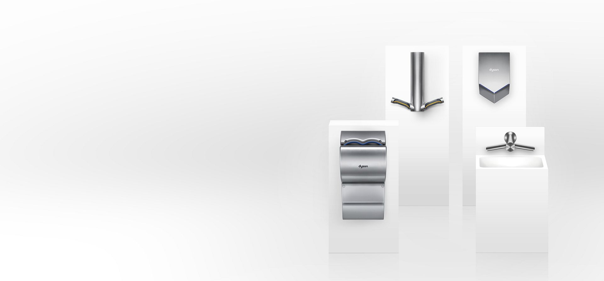 The Dyson Airblade dB, Dyson Airblade 9kJ, Dyson Airblade V and Dyson Airblade Wash + Dry hand dryers on display