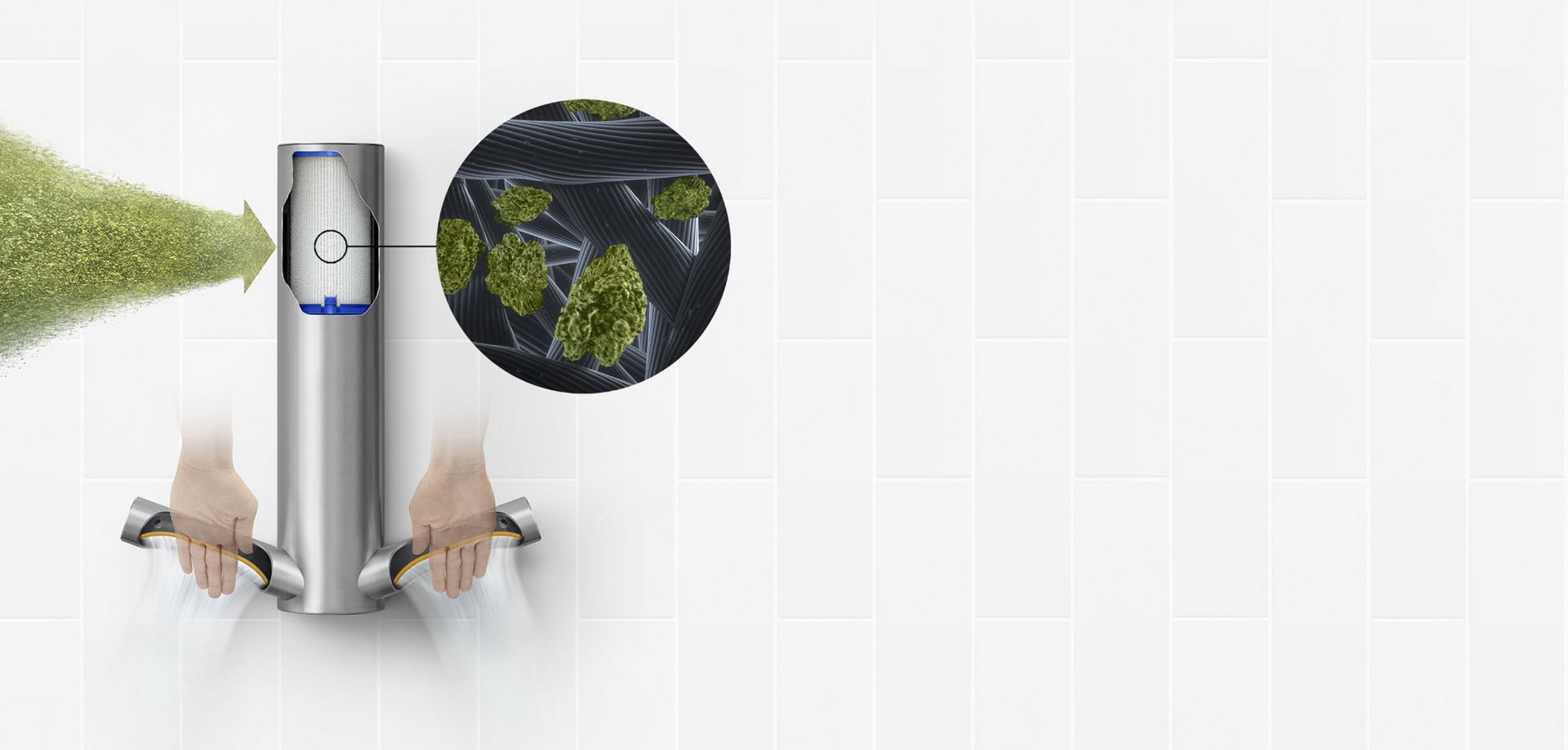 HEPA-filteret til Dyson Airblade 9kJ med oppfangede partikler.