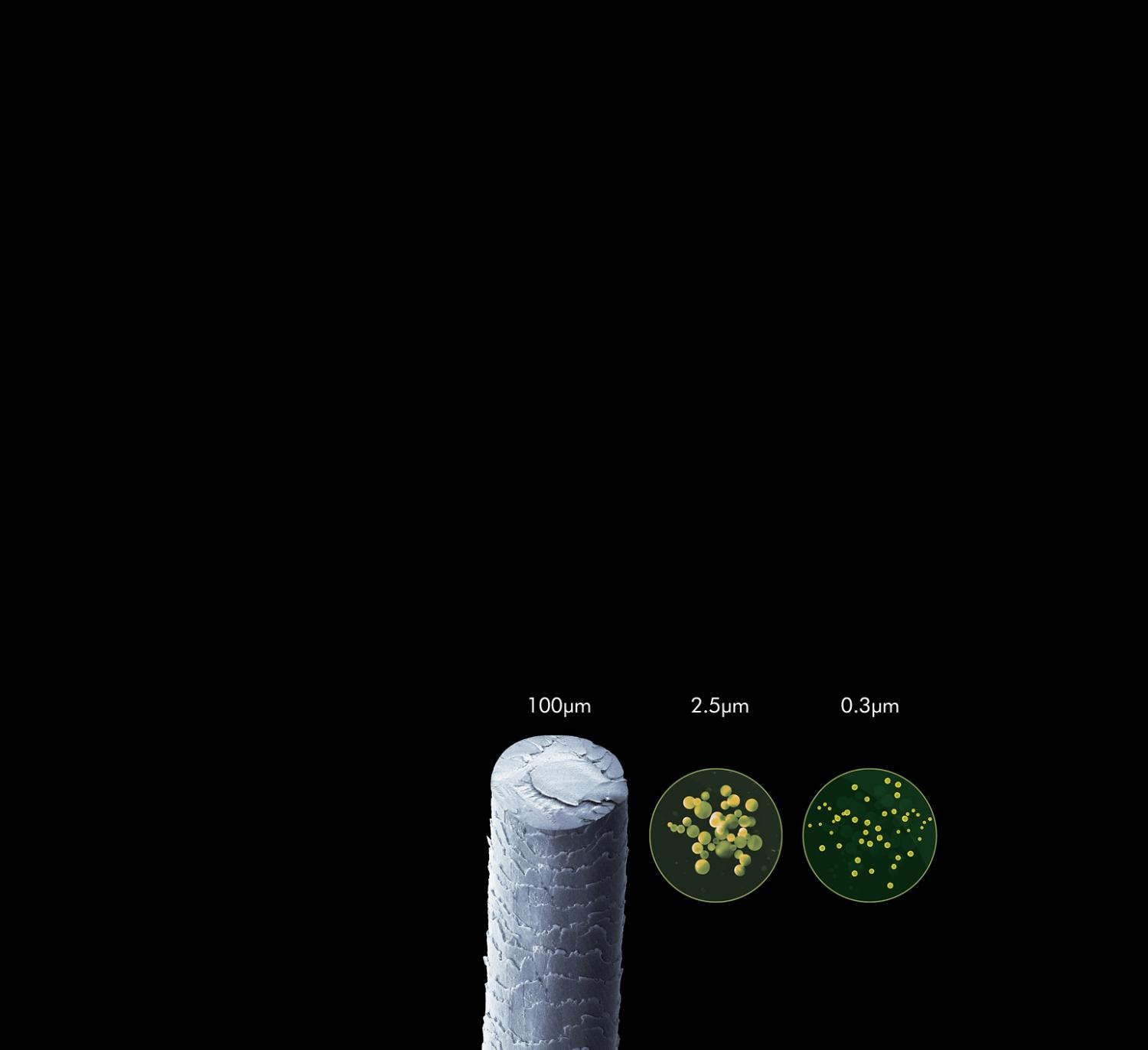 A microscopic image of a strand of hair labelled 100 microns, particles labelled 2.5microns and particles labelled 0.3 microns