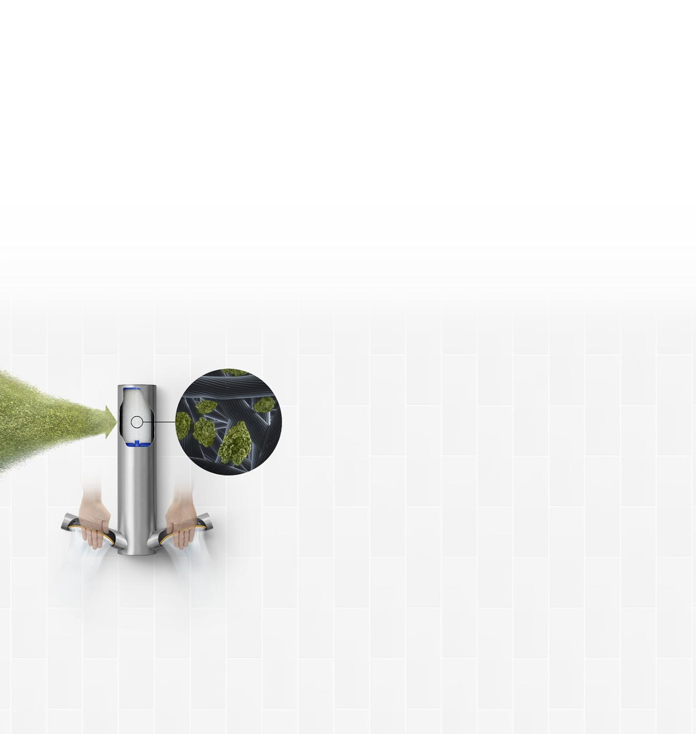 A technology image of green air pollution moving into the Dyson Airblade hand dryer, with HEPA filtration capturing the dirty air and the apertures projecting clean air onto wet hands
