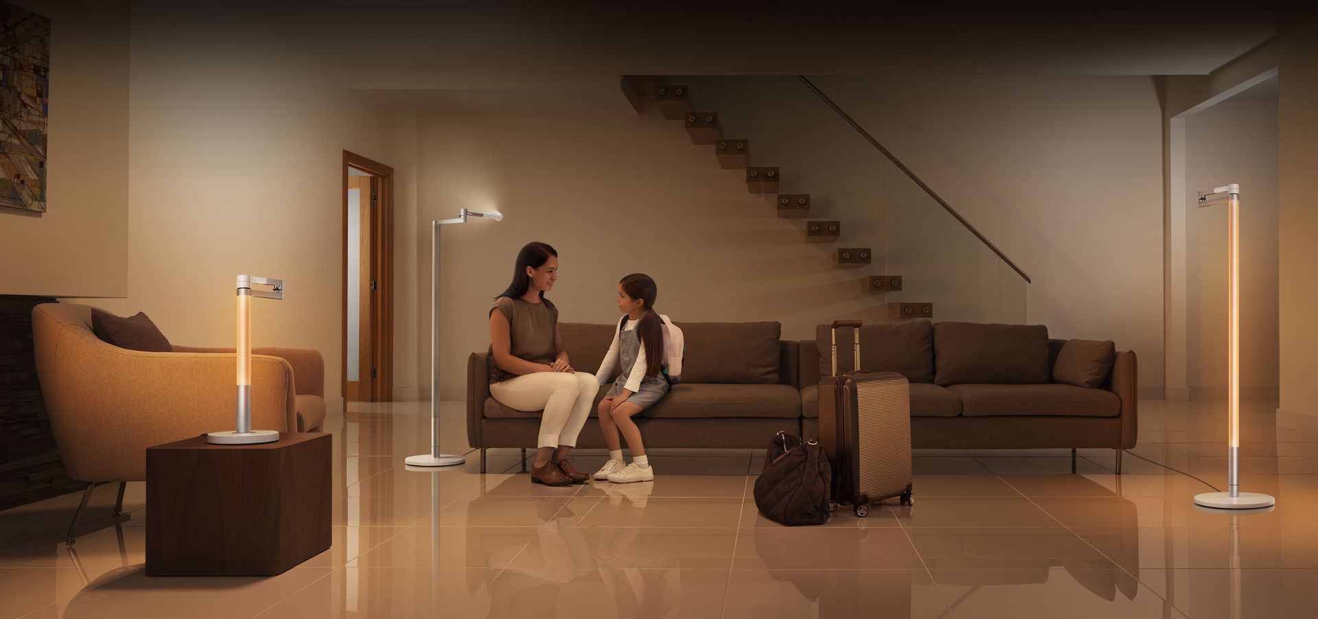 Dyson Solarcycle Morph lights in a hotel atrium