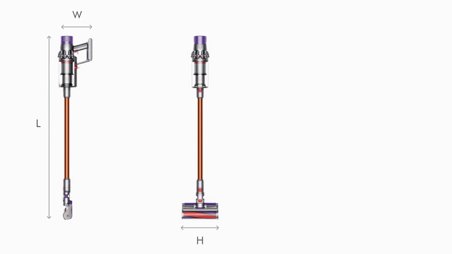 Vues de profil et de face de l’aspirateur balai sans fil Dyson V10
