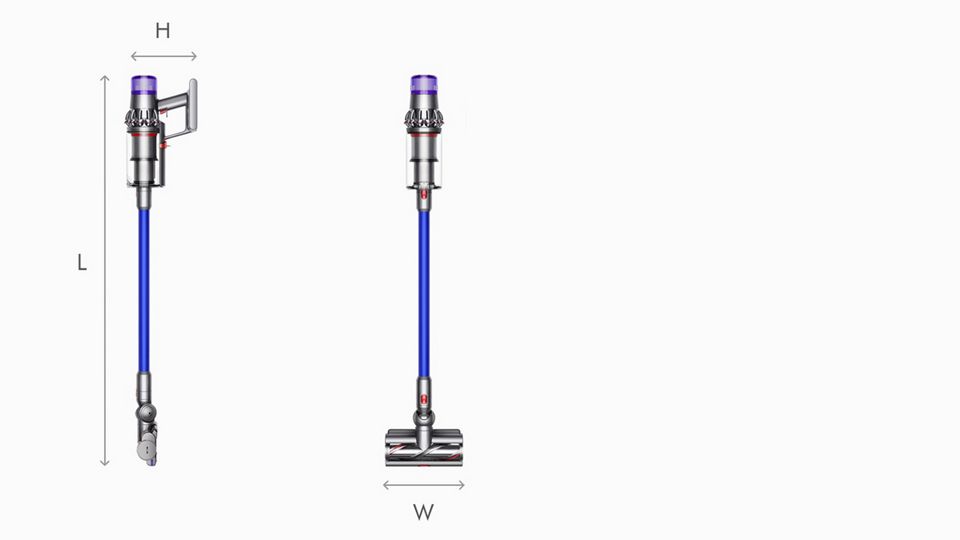 Vues latérale et de face d’un aspirateur balai sans fil Dyson V11 Absolute