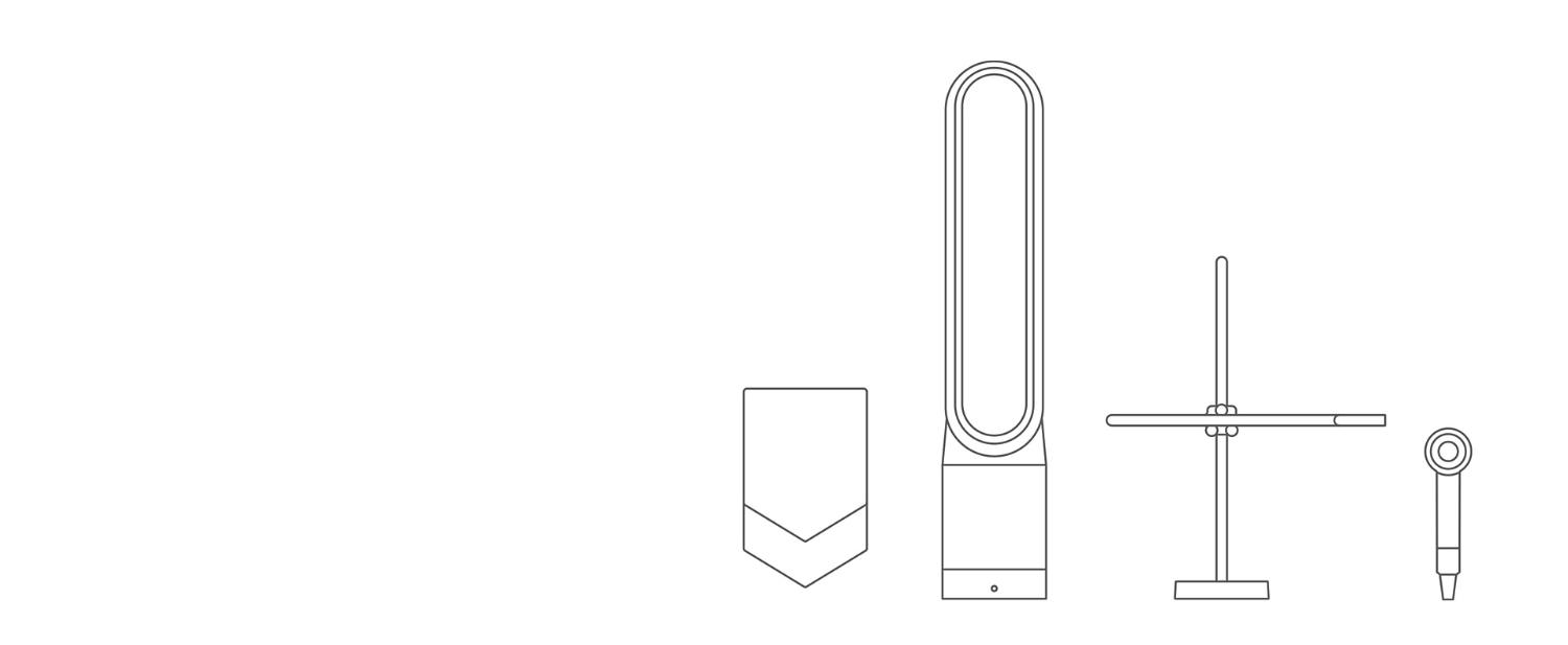 Line drawings of the Dyson Airblade V hand dryer, Dyson purifier, Dyson Morph light and Dyson Supersonic hair dryer