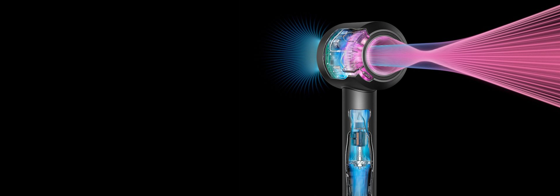 A cutout of the Dyson Supersonic Professional hair dryer in Bright copper being used.