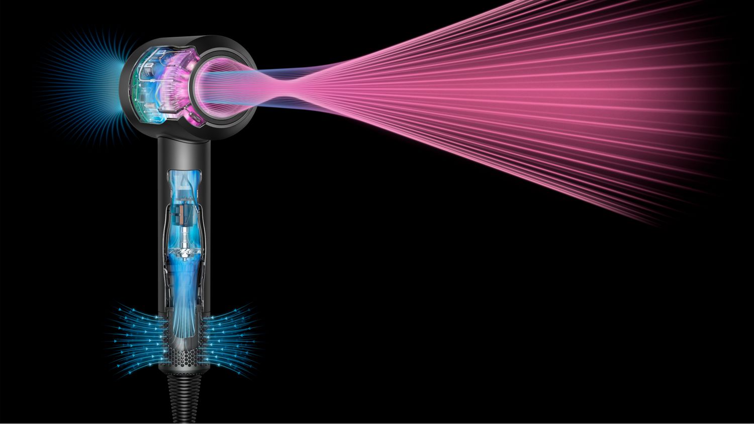 A cutout of the Dyson Supersonic Professional hair dryer in Bright copper being used.