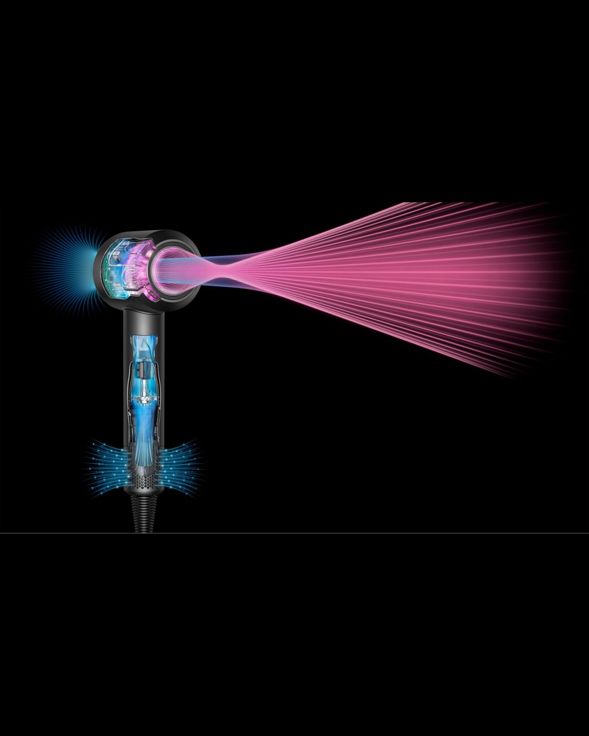 A cutout of the Dyson Supersonic Professional hair dryer in Bright copper being used.